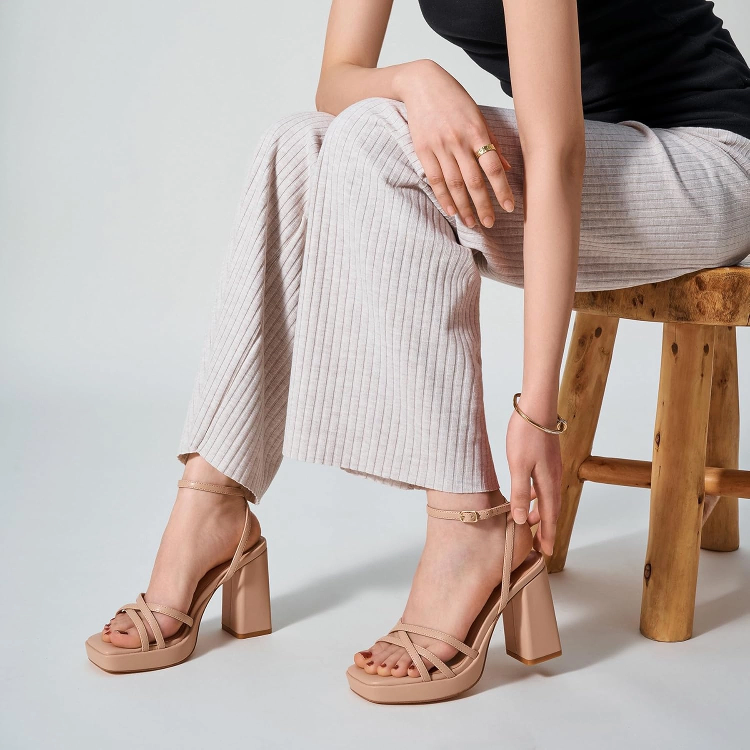Trary Gold & White Heels - Square Toe, 3 inch Platform, Strappy & Block Heels for Wide Feet, Ankle Strap Y2k Shoes for Prom