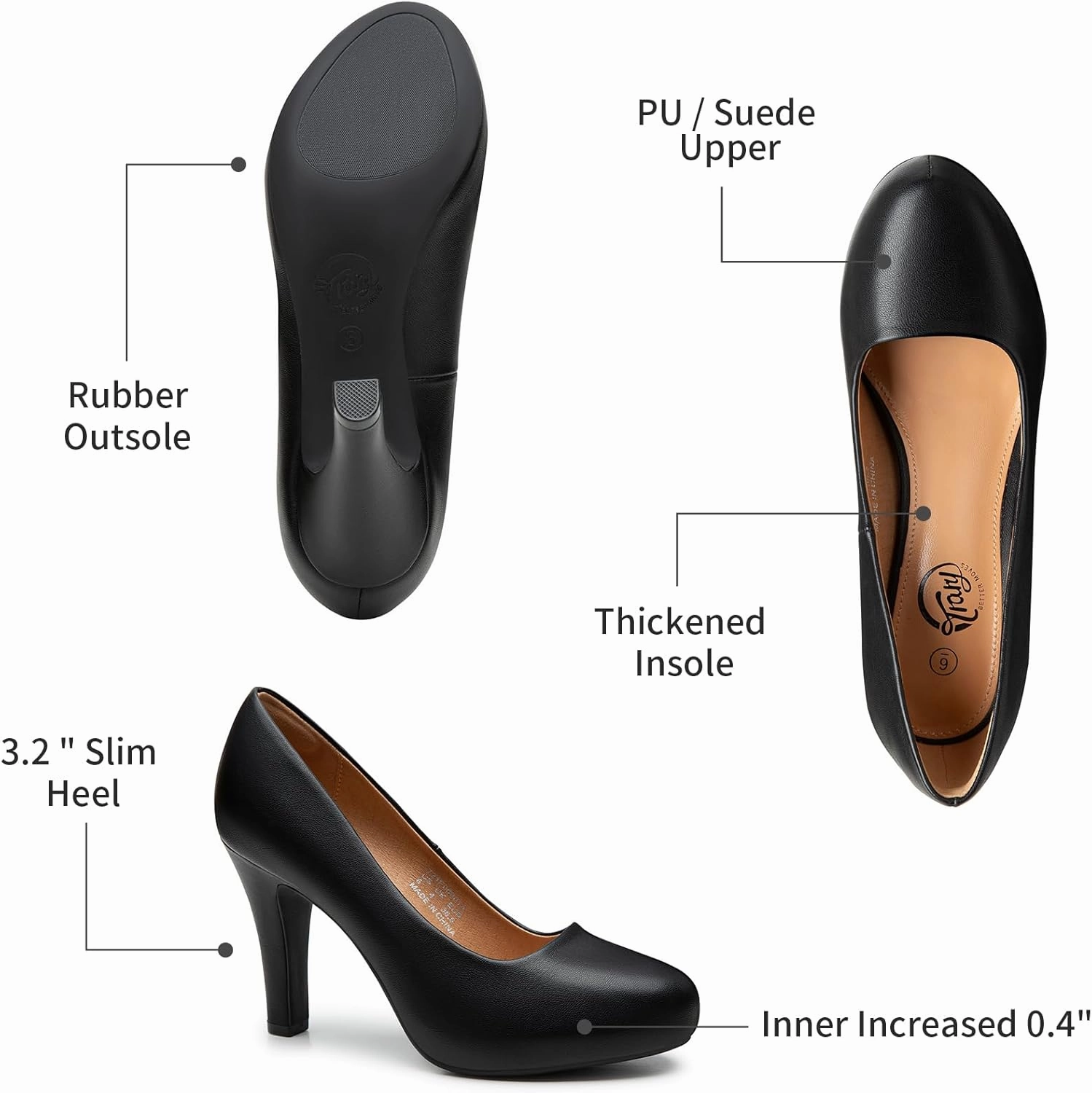 Trary Women's Heels for Women, Black Heels White Heels Brown Heels Nude Heels, Low Platform Heels, IN3.2 High Heel Closed Round Toe Pumps Dress Office Wedding Shoes for Women