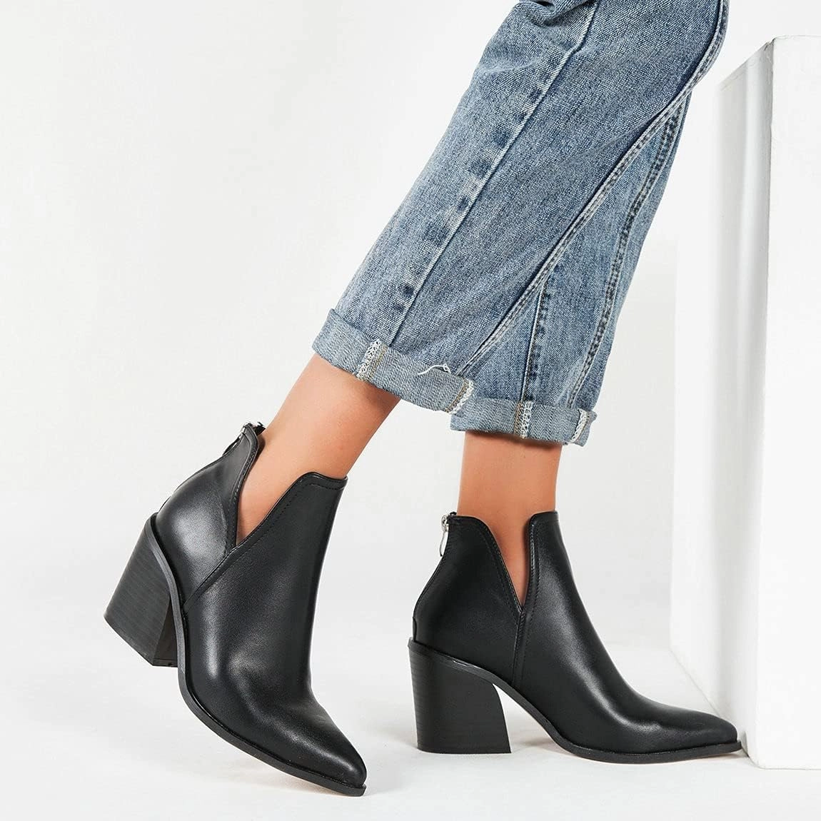 Trendenzy Womens Pointed Toe Western Booties Chunky Heel Ankle Cutout Cowgirl Boots