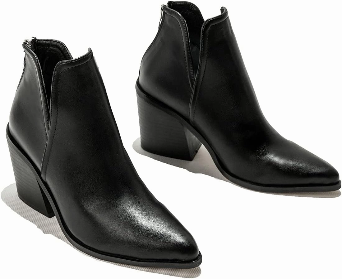 Trendenzy Womens Pointed Toe Western Booties Chunky Heel Ankle Cutout Cowgirl Boots