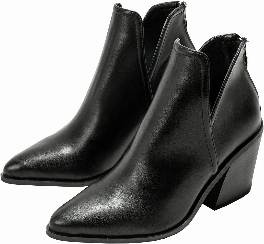 Trendenzy Womens Pointed Toe Western Booties Chunky Heel Ankle Cutout Cowgirl Boots