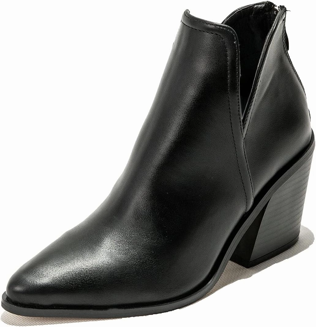 Trendenzy Womens Pointed Toe Western Booties Chunky Heel Ankle Cutout Cowgirl Boots