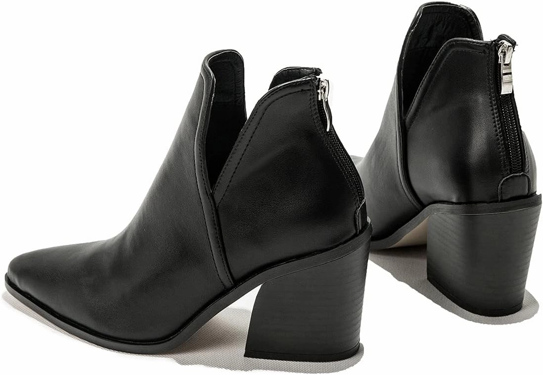 Trendenzy Womens Pointed Toe Western Booties Chunky Heel Ankle Cutout Cowgirl Boots
