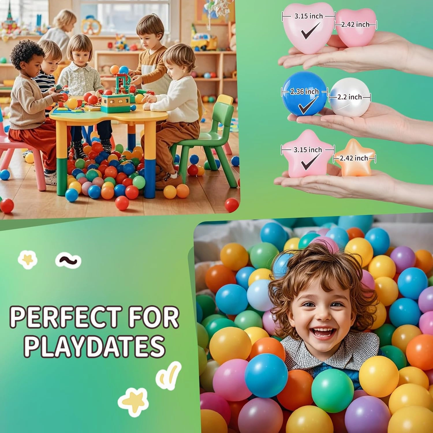 TRENDPLAY Big Star & Heart Shaped Ball Pit Balls - 100 200 Larger Plastic Balls Set, Different Shapes for Toddlers