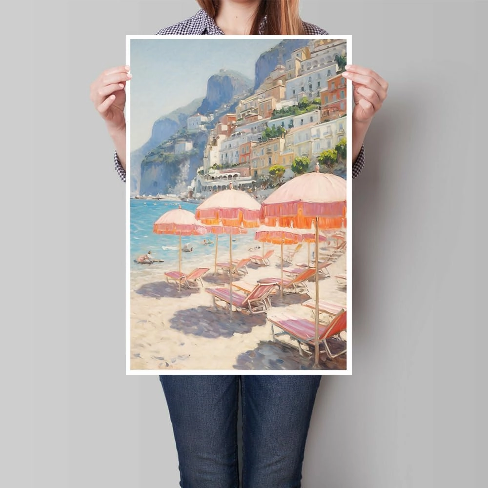 Trendy Pink Beach Wall Art Vintage Italy Poster Preppy Summer Landscape Canvas Print Retro Amalfi Coast Aesthetic Picture Suitable for Teenage Girl Bedroom Living Room Dorm 16x24inch Unframed