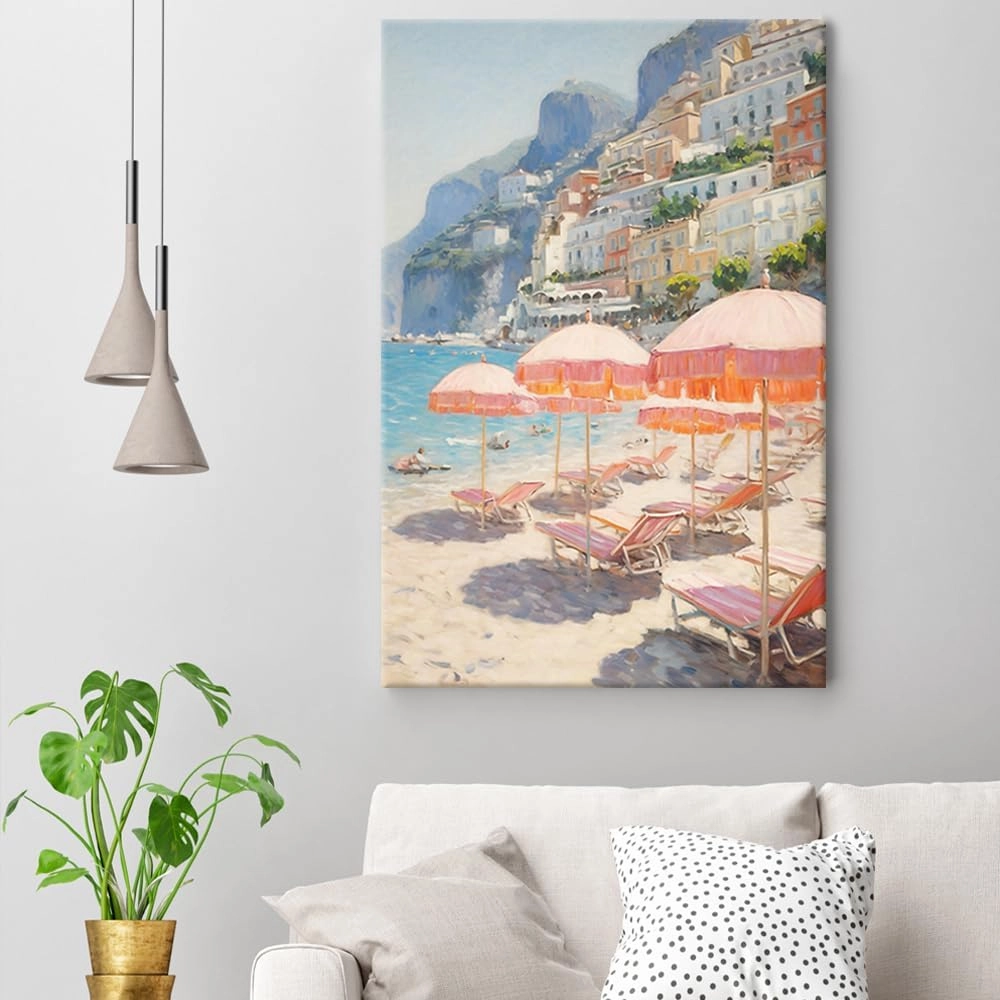 Trendy Pink Beach Wall Art Vintage Italy Poster Preppy Summer Landscape Canvas Print Retro Amalfi Coast Aesthetic Picture Suitable for Teenage Girl Bedroom Living Room Dorm 16x24inch Unframed