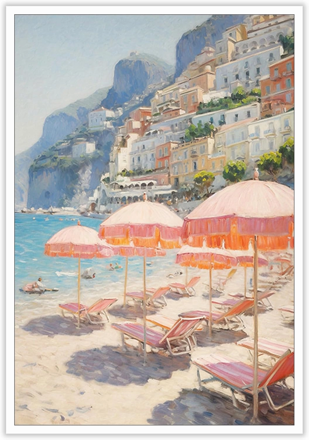 Trendy Pink Beach Wall Art Vintage Italy Poster Preppy Summer Landscape Canvas Print Retro Amalfi Coast Aesthetic Picture Suitable for Teenage Girl Bedroom Living Room Dorm 16x24inch Unframed