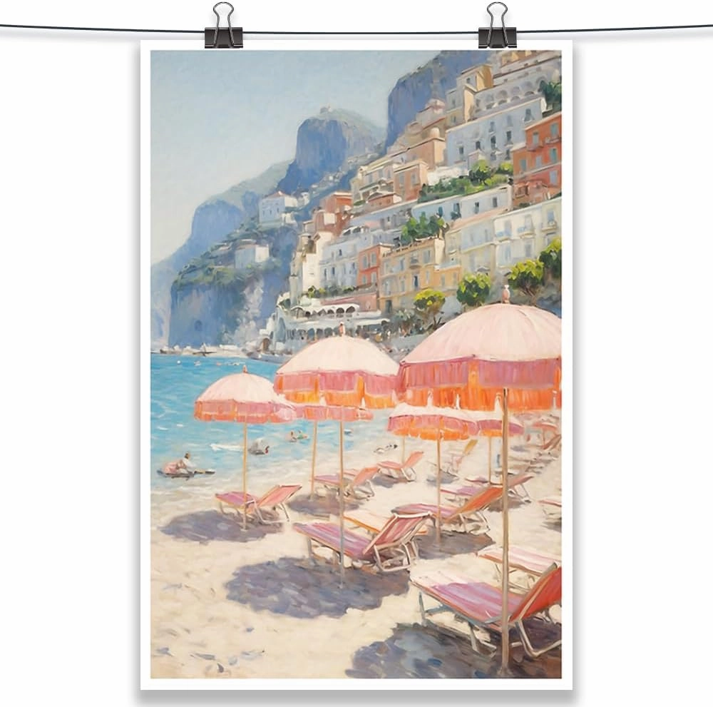 Trendy Pink Beach Wall Art Vintage Italy Poster Preppy Summer Landscape Canvas Print Retro Amalfi Coast Aesthetic Picture Suitable for Teenage Girl Bedroom Living Room Dorm 16x24inch Unframed