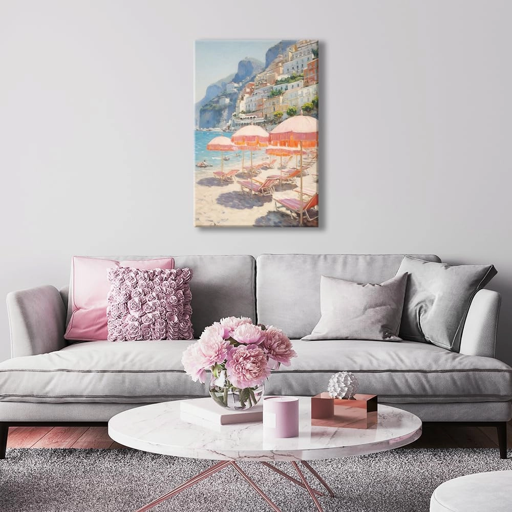 Trendy Pink Beach Wall Art Vintage Italy Poster Preppy Summer Landscape Canvas Print Retro Amalfi Coast Aesthetic Picture Suitable for Teenage Girl Bedroom Living Room Dorm 16x24inch Unframed