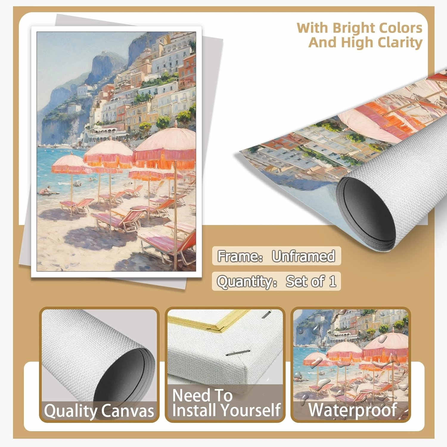 Trendy Pink Beach Wall Art Vintage Italy Poster Preppy Summer Landscape Canvas Print Retro Amalfi Coast Aesthetic Picture Suitable for Teenage Girl Bedroom Living Room Dorm 16x24inch Unframed