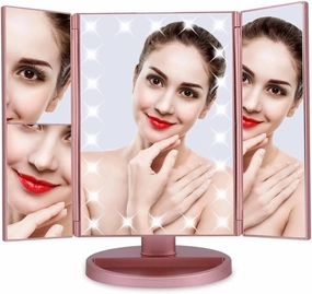 Tri-fold Illuminated Make-up Mirror, Make-up Mirror with 22 LED Lights and Touch Screen, 3x/2x Magnification, 180° Free Rotation, Table top Mirror, Travel Make-up Mirror