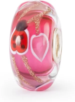 TROLLBEADS Love & Care Bead - Deep Saturated Pink Glass Charm with Hearts & Ladybugs | Authentic Brand Charm | Glass | Protection Collection Design Group