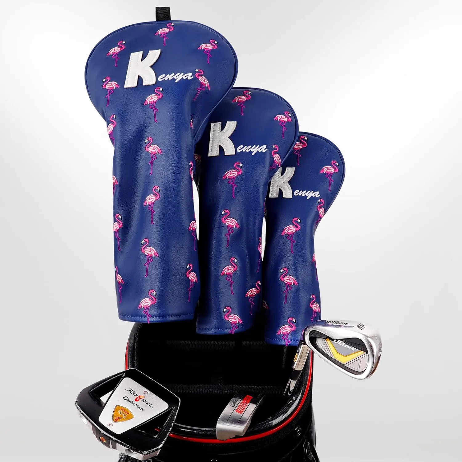 Tropical Flamingo Golf Head Covers - Stylish, Funny, Tour Quality Golf Club Cover - Premium Embroider Synthetic Leather Golf Headcover Blue/Pink