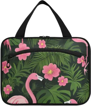 Tropical Flamingos Palm Leaves Flowers Vibrant Pink hanging bag for men traveling with hook, designer collapsible make up bag for women travel vacation bolsos para hombre L