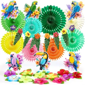 Tropical Toucan Hibiscus Party Decorations, Hawaiian Jungle Theme Party Supplies, Margaritaville Decorations Paper Fan Yellow Pink Hanging Ornaments for Luau Party Tiki Party.