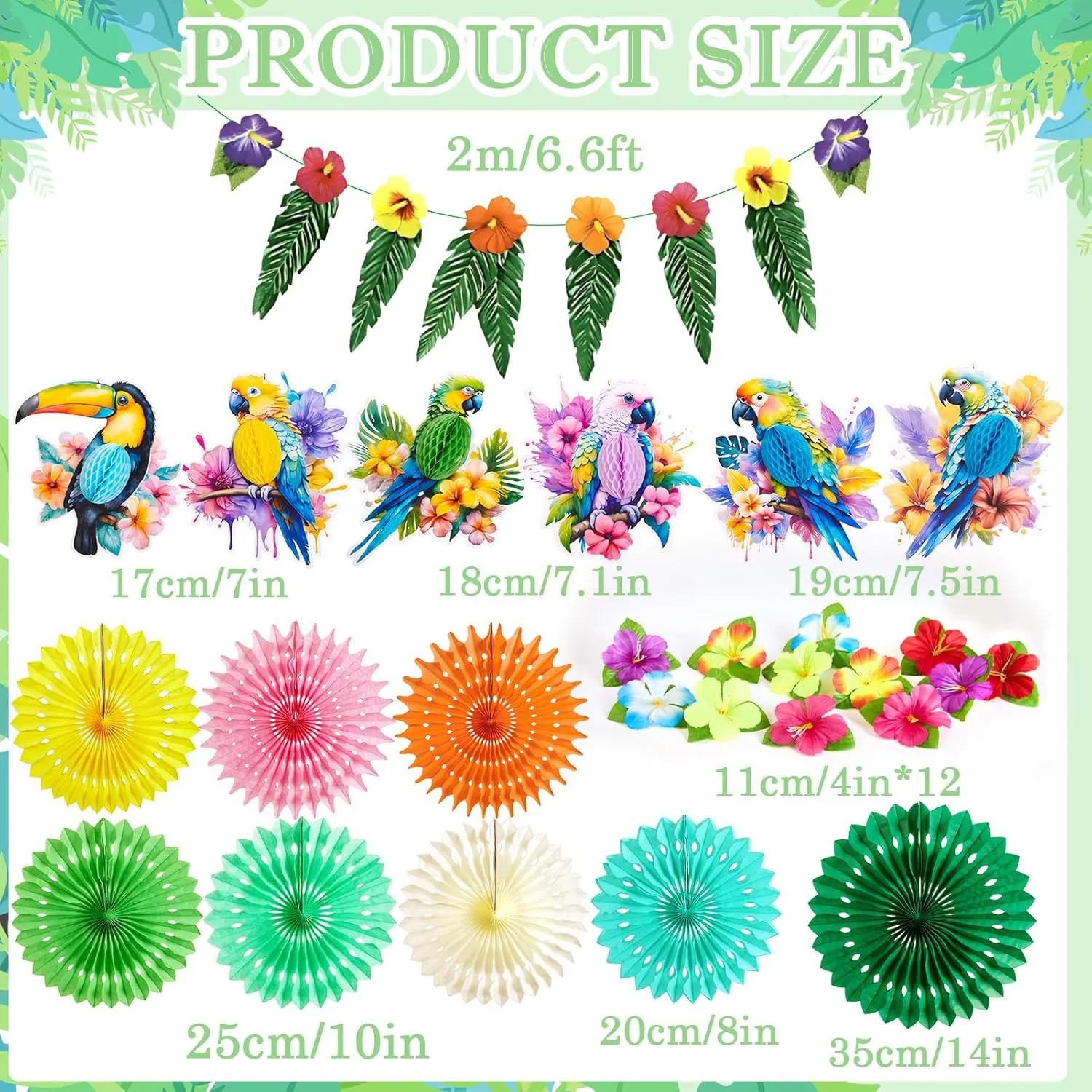 Tropical Toucan Hibiscus Party Decorations, Hawaiian Jungle Theme Party Supplies, Margaritaville Decorations Paper Fan Yellow Pink Hanging Ornaments for Luau Party Tiki Party.