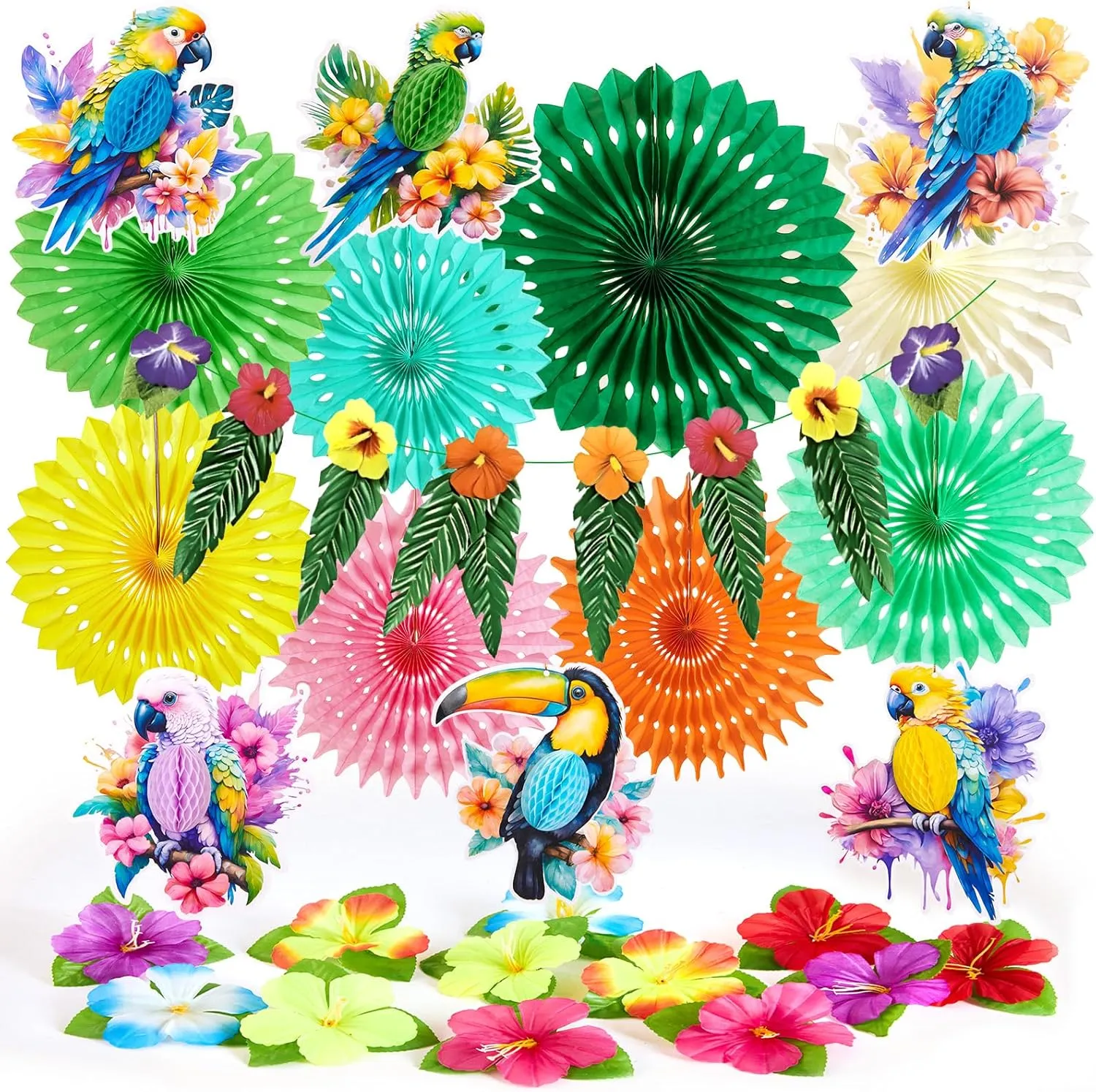 Tropical Toucan Hibiscus Party Decorations, Hawaiian Jungle Theme Party Supplies, Margaritaville Decorations Paper Fan Yellow Pink Hanging Ornaments for Luau Party Tiki Party.