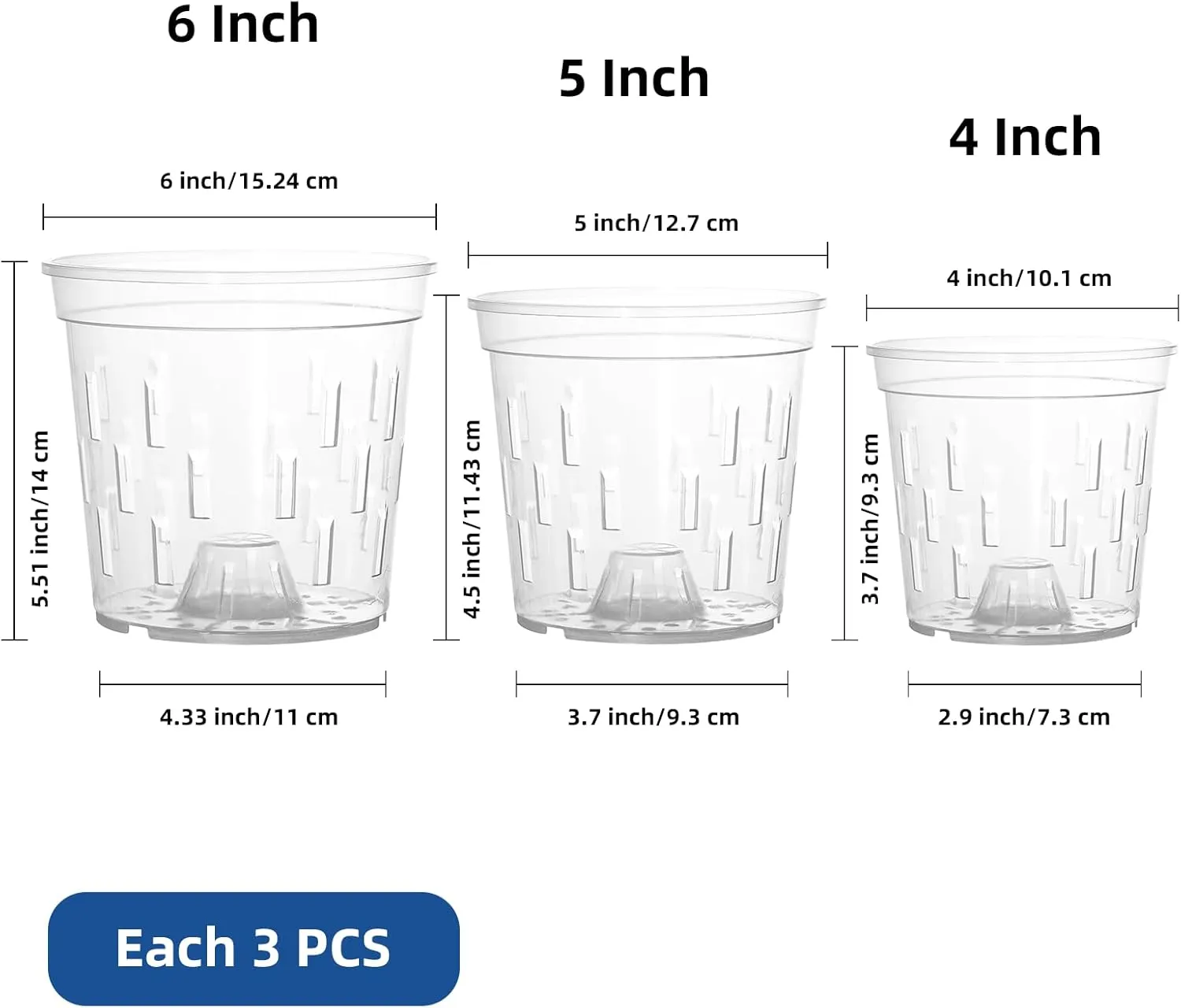 TRUEDAYS Orchid Pot - 9 Pack 4/5/6 Inch Clear Plastic Orchid Plant Pots with Drainage Holes for Indoor Outdoor Live Plants for Repotting
