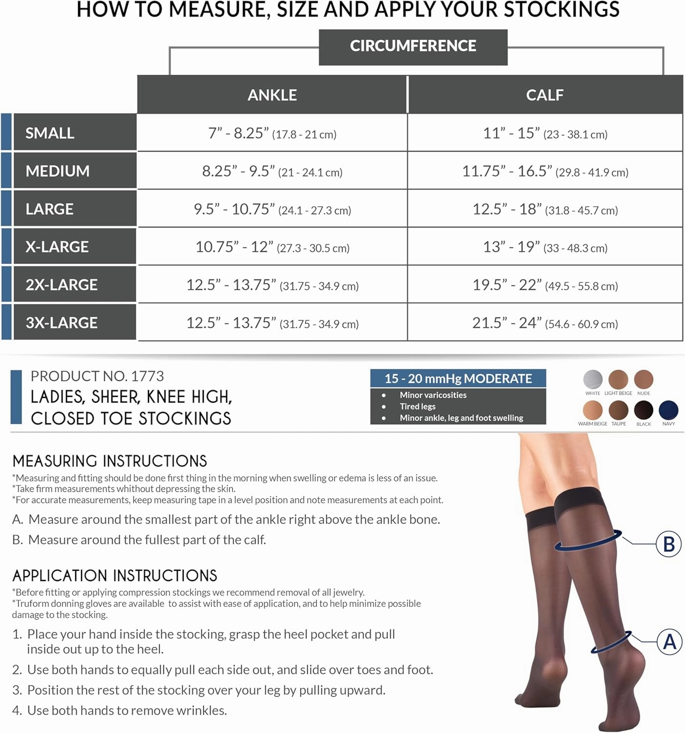 Truform Sheer Compression Stockings, 15-20 mmHg, Women's Knee High Length, 20 Denier, Light Beige, Medium