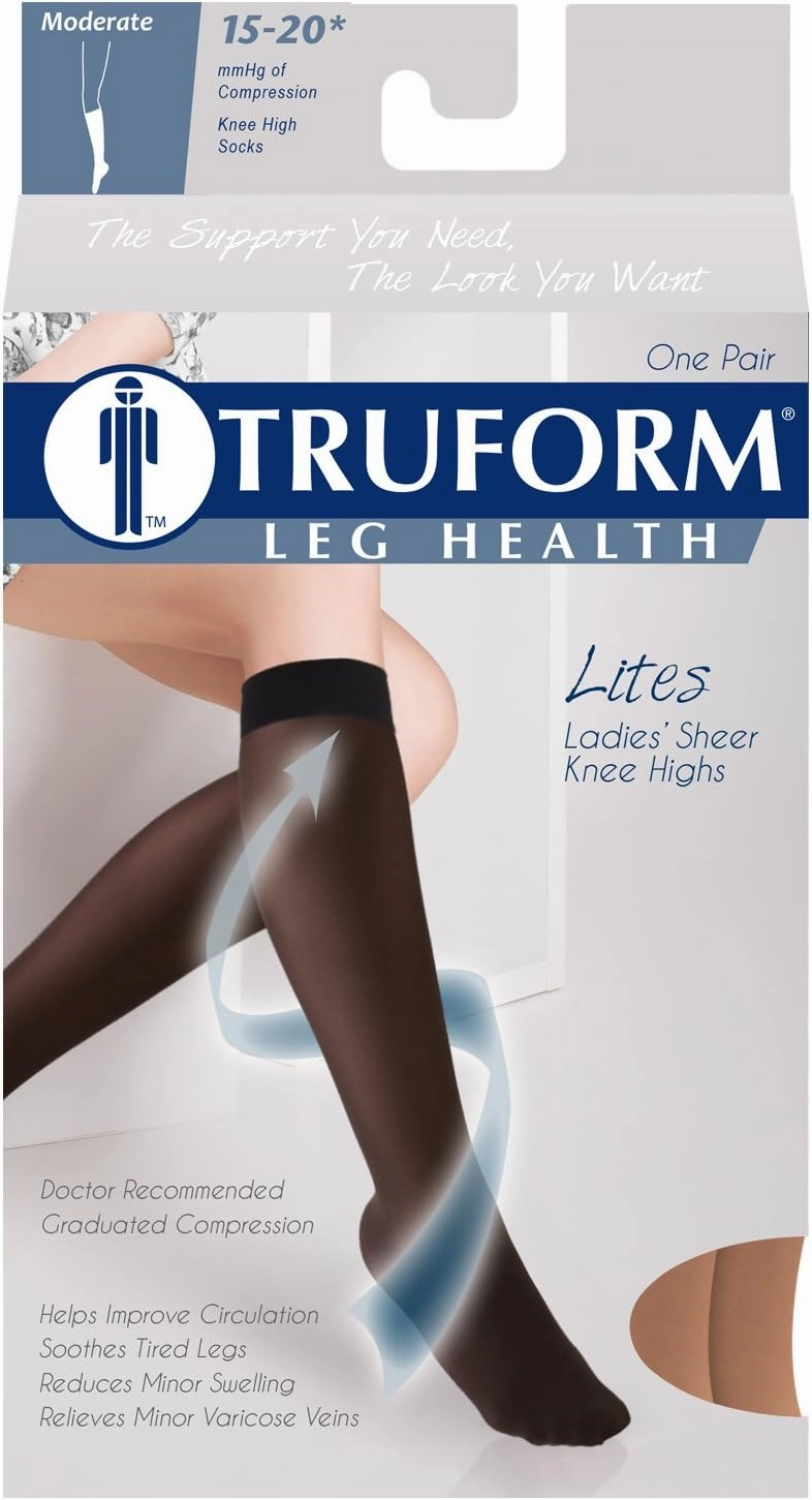 Truform Sheer Compression Stockings, 15-20 mmHg, Women's Knee High Length, 20 Denier, Light Beige, Medium