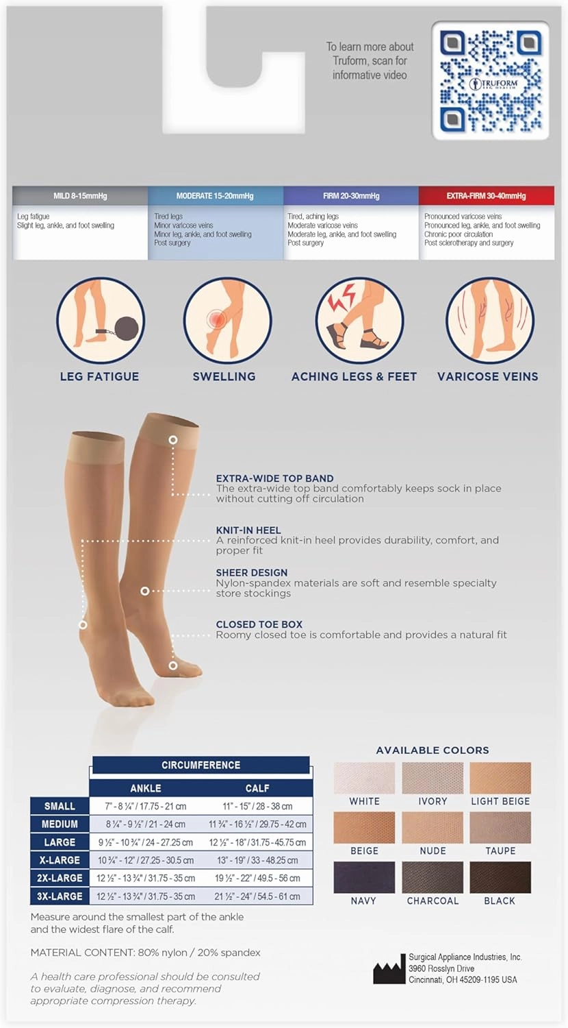Truform Sheer Compression Stockings, 15-20 mmHg, Women's Knee High Length, 20 Denier, Light Beige, Medium
