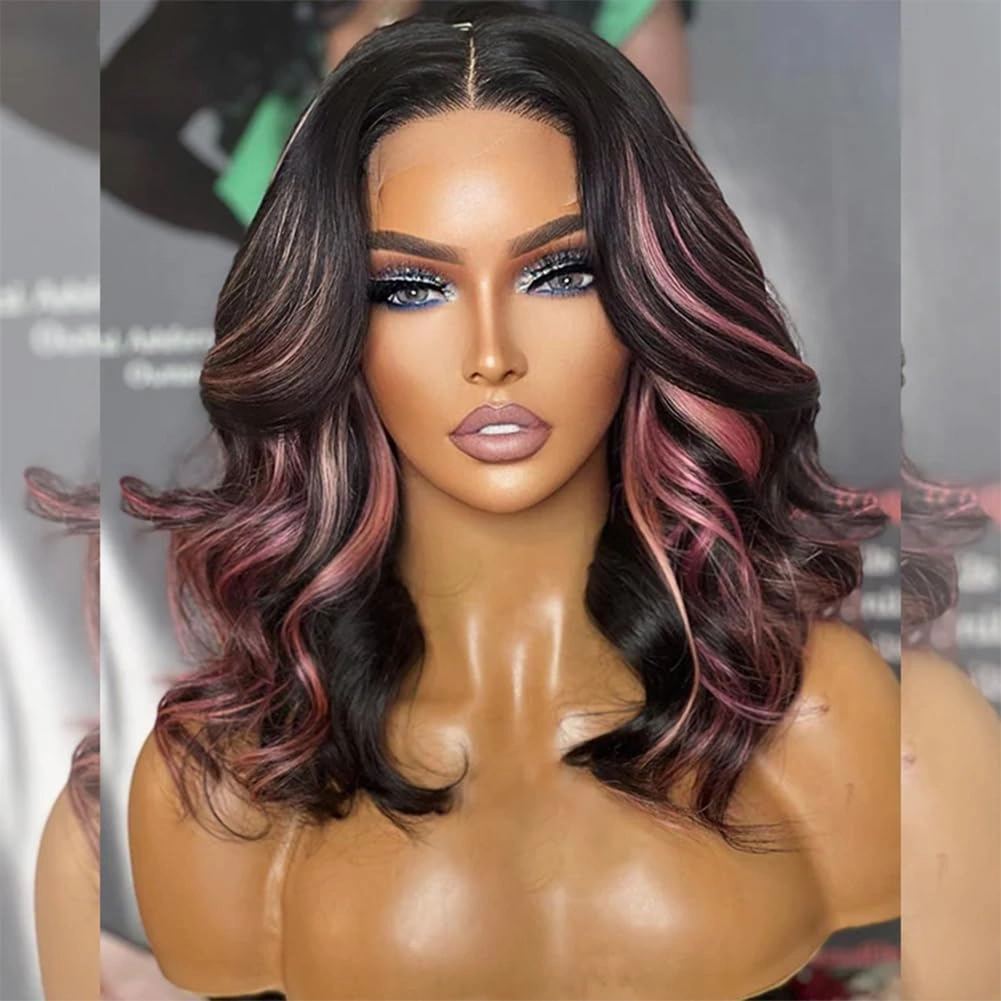 Tuneful Pink Highlight Colored Body Wave 14 Inch 13x6 HD Lace Front Wigs Human Hair Pre Plucked Pre Cut 220% Density Loose Body Wave Lace Front Wigs Human Hair for Women