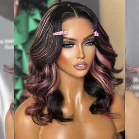 Tuneful Pink Highlight Colored Body Wave 14 Inch 13x6 HD Lace Front Wigs Human Hair Pre Plucked Pre Cut 220% Density Loose Body Wave Lace Front Wigs Human Hair for Women