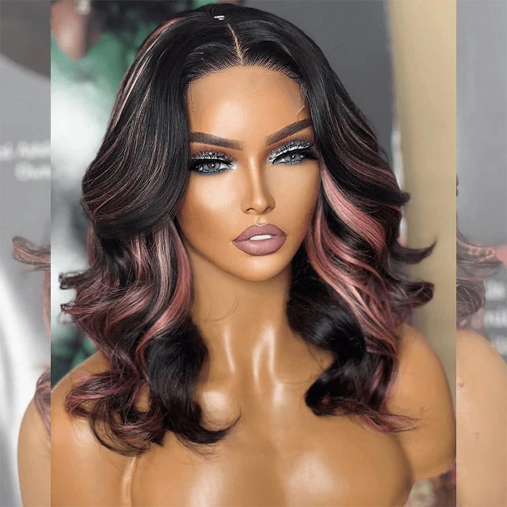 Tuneful Pink Highlight Colored Body Wave 14 Inch 13x6 HD Lace Front Wigs Human Hair Pre Plucked Pre Cut 220% Density Loose Body Wave Lace Front Wigs Human Hair for Women