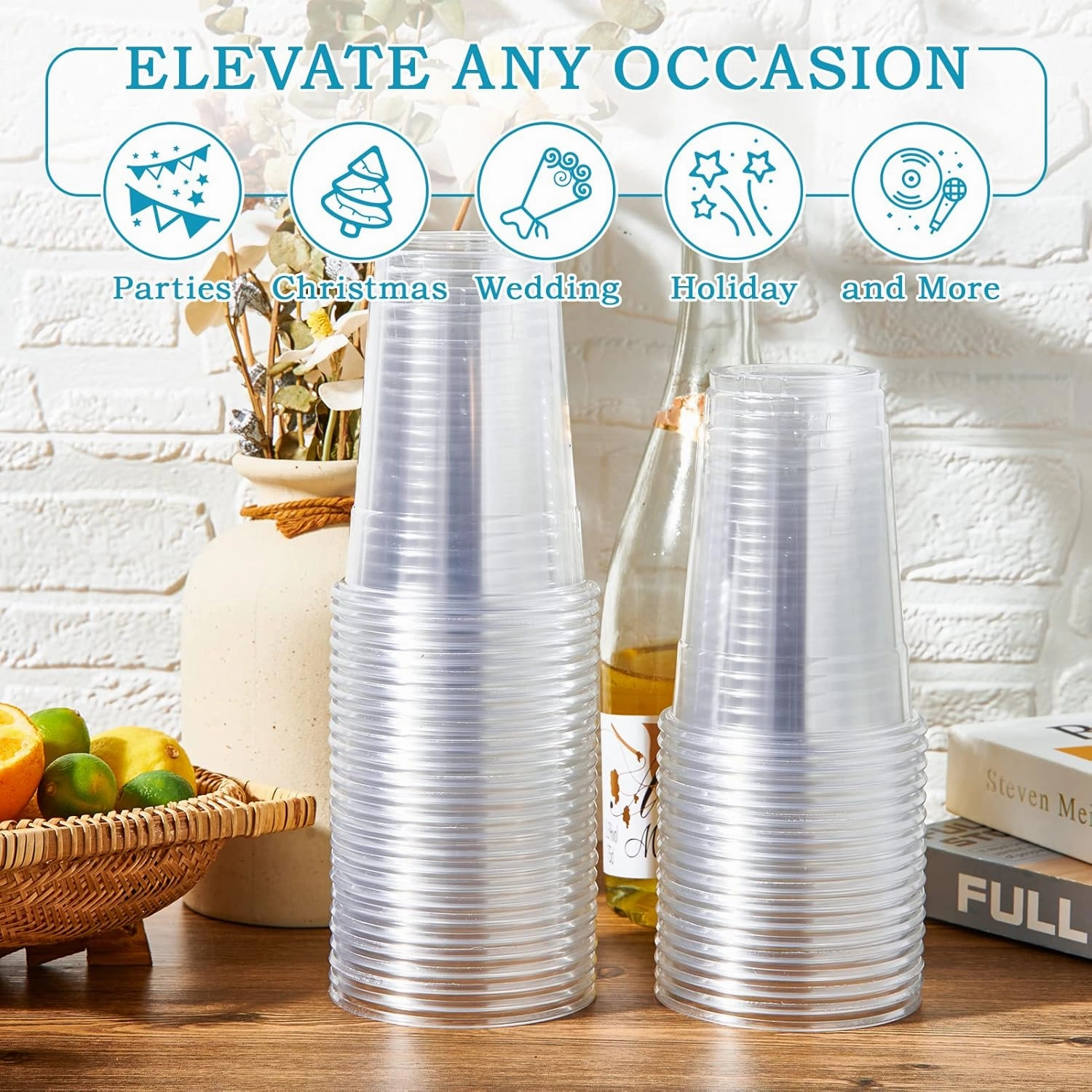 Turbo Bee 200Pack 16oz Disposable Plastic Cups,PET Crystal Plastic Water Party Cups,Clear Disposable Drinking Cups Ideal for Home, Office, Bars, Weddings,Anniversary, Parties