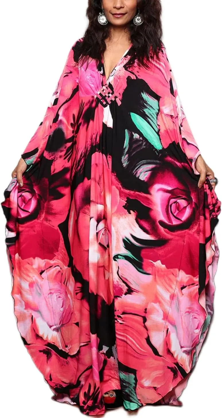 Turkish Silk Caftans - Wrinkle Resistant Ethnic & Floral Print Over-Sized Kaftans for Women - Lounge Wear 8693