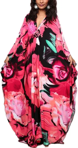Turkish Silk Caftans - Wrinkle Resistant Ethnic & Floral Print Over-Sized Kaftans for Women - Lounge Wear 8693