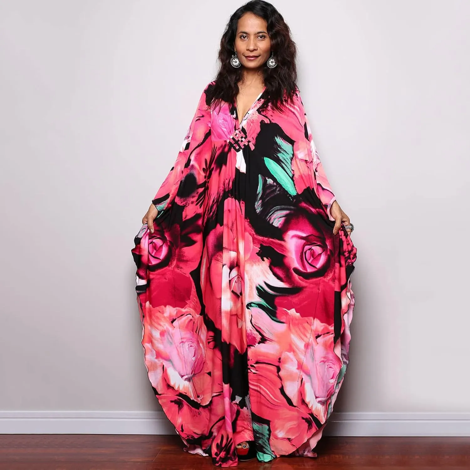 Turkish Silk Caftans - Wrinkle Resistant Ethnic & Floral Print Over-Sized Kaftans for Women - Lounge Wear 8693