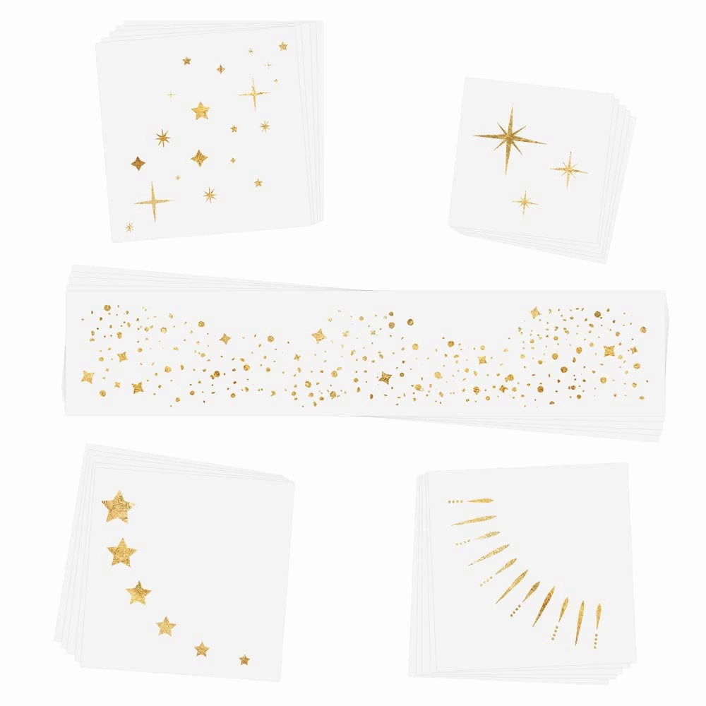 TWINKLING LIGHTS VARIETY SET of 25 assorted premium waterproof metallic gold jewelry temporary foil face Flash Tattoos, face sparkle, face glitter, metallic tattoo, eye jewel, New Years Eve