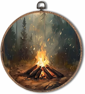 Tzhim Camping Round Wall Art, Rustic Forest Campfire Round Wall Decor Framed, Camper Canvas Wall Sculptures for Camping RV Trailer Cabin Home Decor, 10x10 Inch