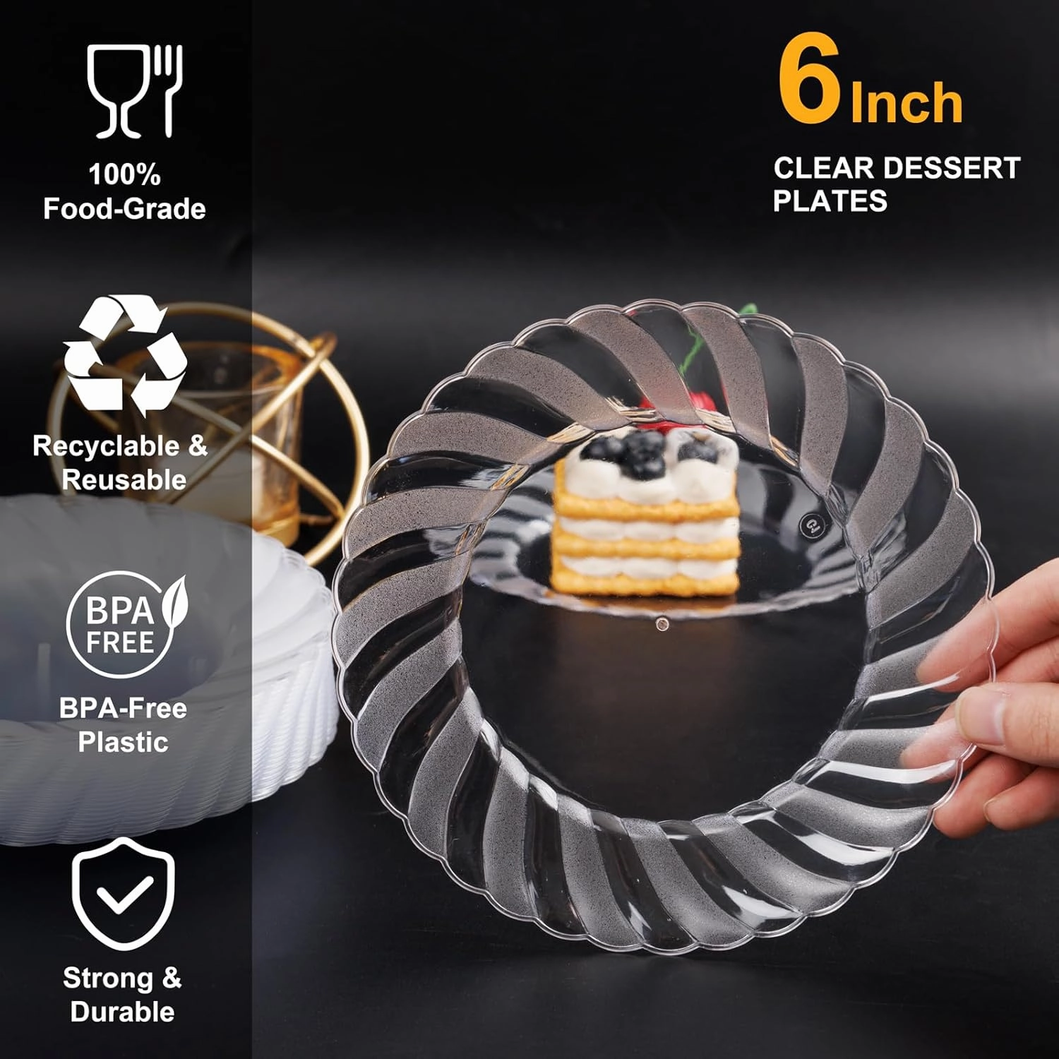 U-QE 100 Pieces Clear Plastic Plates-6 Inch Plastic Dessert Plates Disposable - Washable & Reusable - Premium Hard Clear Plates Fancy Disposable Heavy Duty Plastic Plates for Party,Weddings and Events