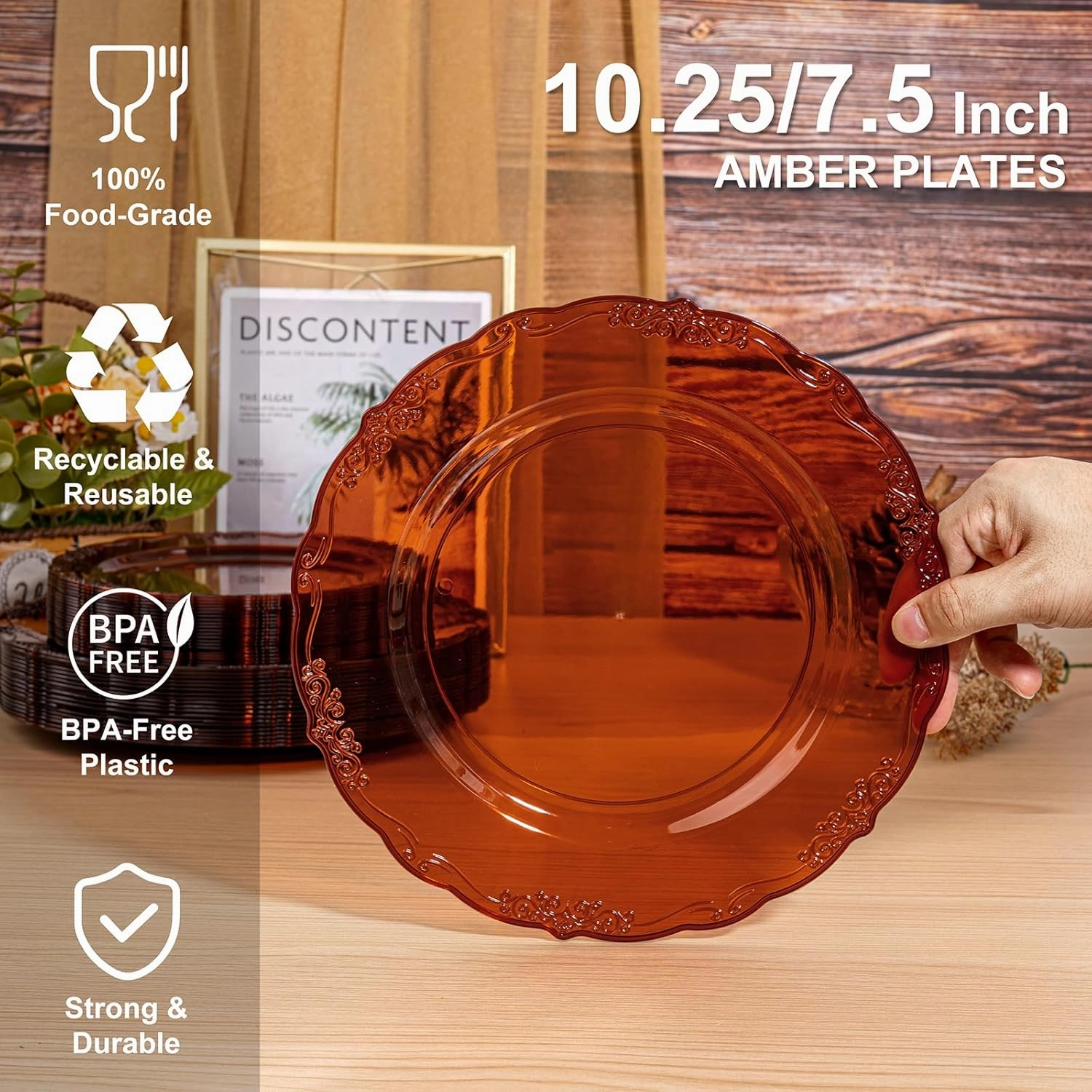 U-QE 100PCS Amber Plastic Plates - Clear Brown Plastic Plates Disposable Heavy Duty - Disposable Plates for Party Including 50PCS 10.25'' Dinner & 50PCS 7.5'' Dessert