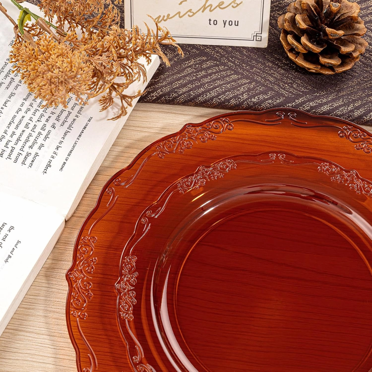 U-QE 100PCS Amber Plastic Plates - Clear Brown Plastic Plates Disposable Heavy Duty - Disposable Plates for Party Including 50PCS 10.25'' Dinner & 50PCS 7.5'' Dessert