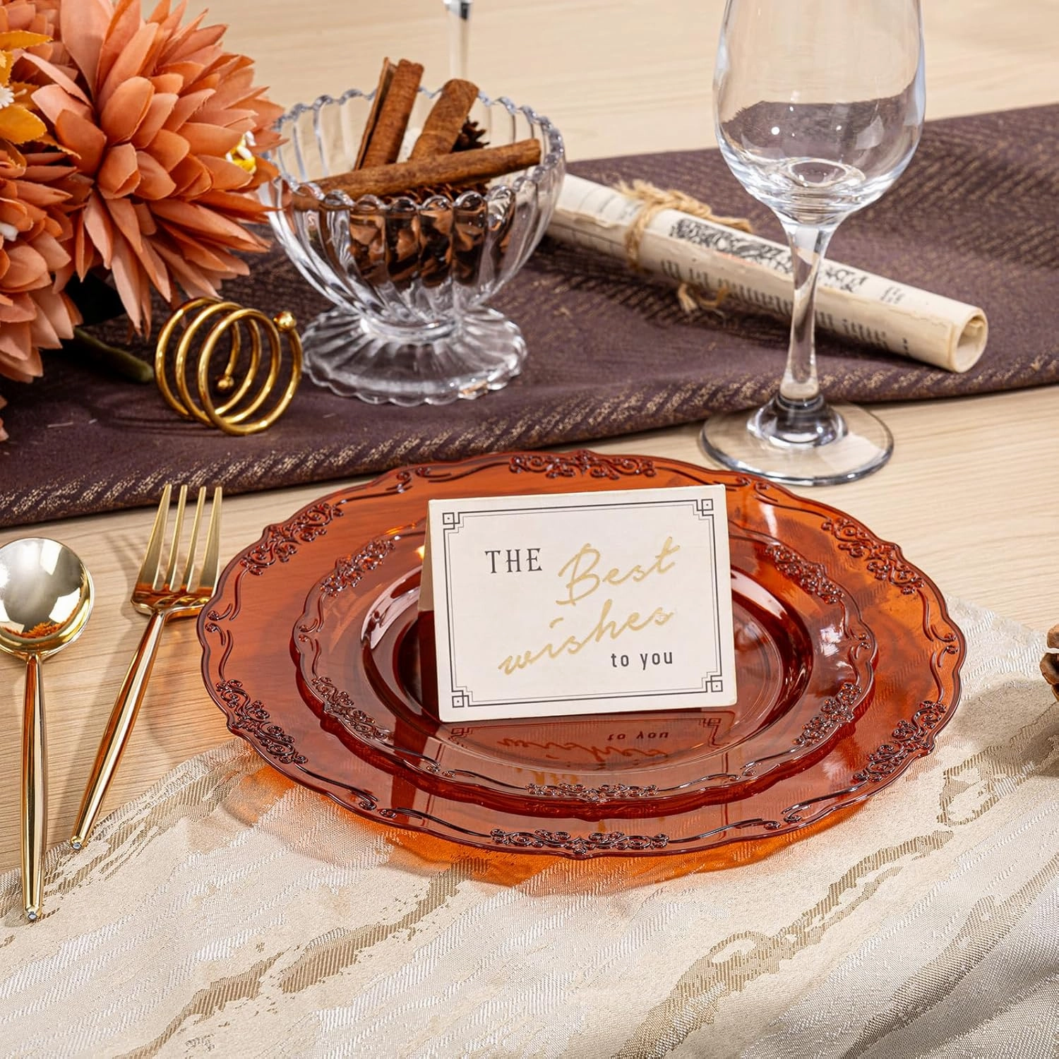 U-QE 100PCS Amber Plastic Plates - Clear Brown Plastic Plates Disposable Heavy Duty - Disposable Plates for Party Including 50PCS 10.25'' Dinner & 50PCS 7.5'' Dessert