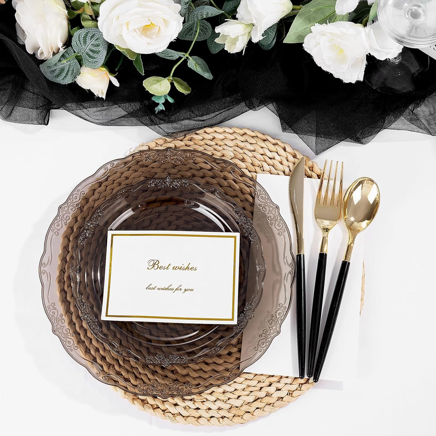 U-QE 100PCS Clear Black Plastic Plates - Heavy Duty Black Disposable Plates Including 50PCS 10.25'' Dinner & 50PCS 7.5'' Dessert Plates -Hard Plastic Platos for Party Wedding Bridal Shower