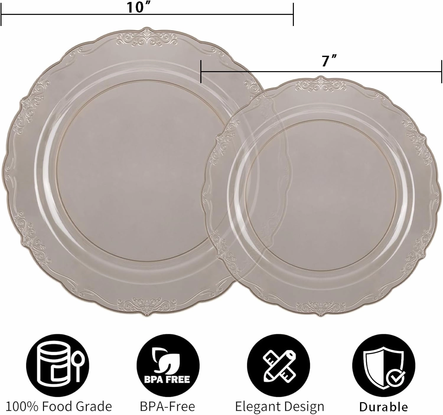 U-QE 100PCS Clear Black Plastic Plates - Heavy Duty Black Disposable Plates Including 50PCS 10.25'' Dinner & 50PCS 7.5'' Dessert Plates -Hard Plastic Platos for Party Wedding Bridal Shower