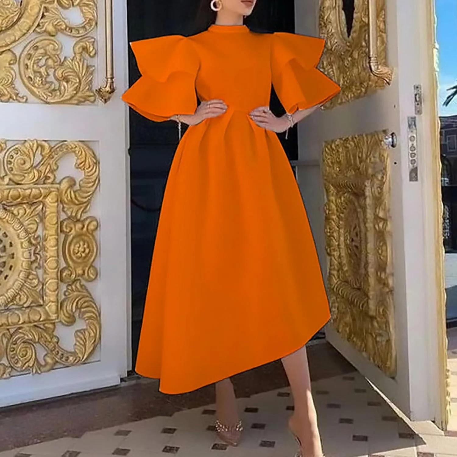 Uillui Ball Gowns for Women Formal Puffy Double Layers Ruffle Sleeve Dress Mock Neck Asymmetric Hem Cocktail Evening Dresses