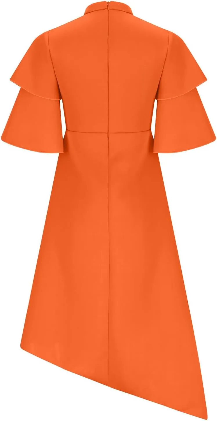 Uillui Ball Gowns for Women Formal Puffy Double Layers Ruffle Sleeve Dress Mock Neck Asymmetric Hem Cocktail Evening Dresses