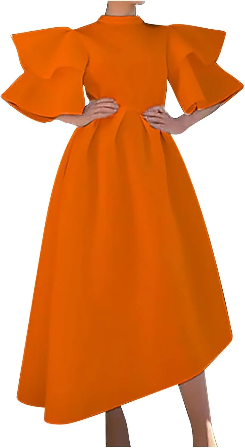 Uillui Ball Gowns for Women Formal Puffy Double Layers Ruffle Sleeve Dress Mock Neck Asymmetric Hem Cocktail Evening Dresses