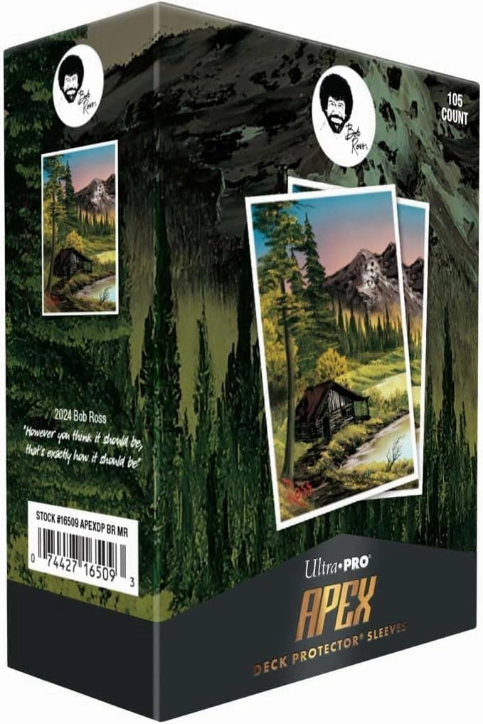 Ultra PRO - Bob Ross Mountain Retreat 105ct APEX™ Deck Protector Sleeves, Bob Ross Collectibles, Art-Themed Card Sleeves, Trading Card Accessories, Mountain Retreat Card Protectors, Vibrant Card