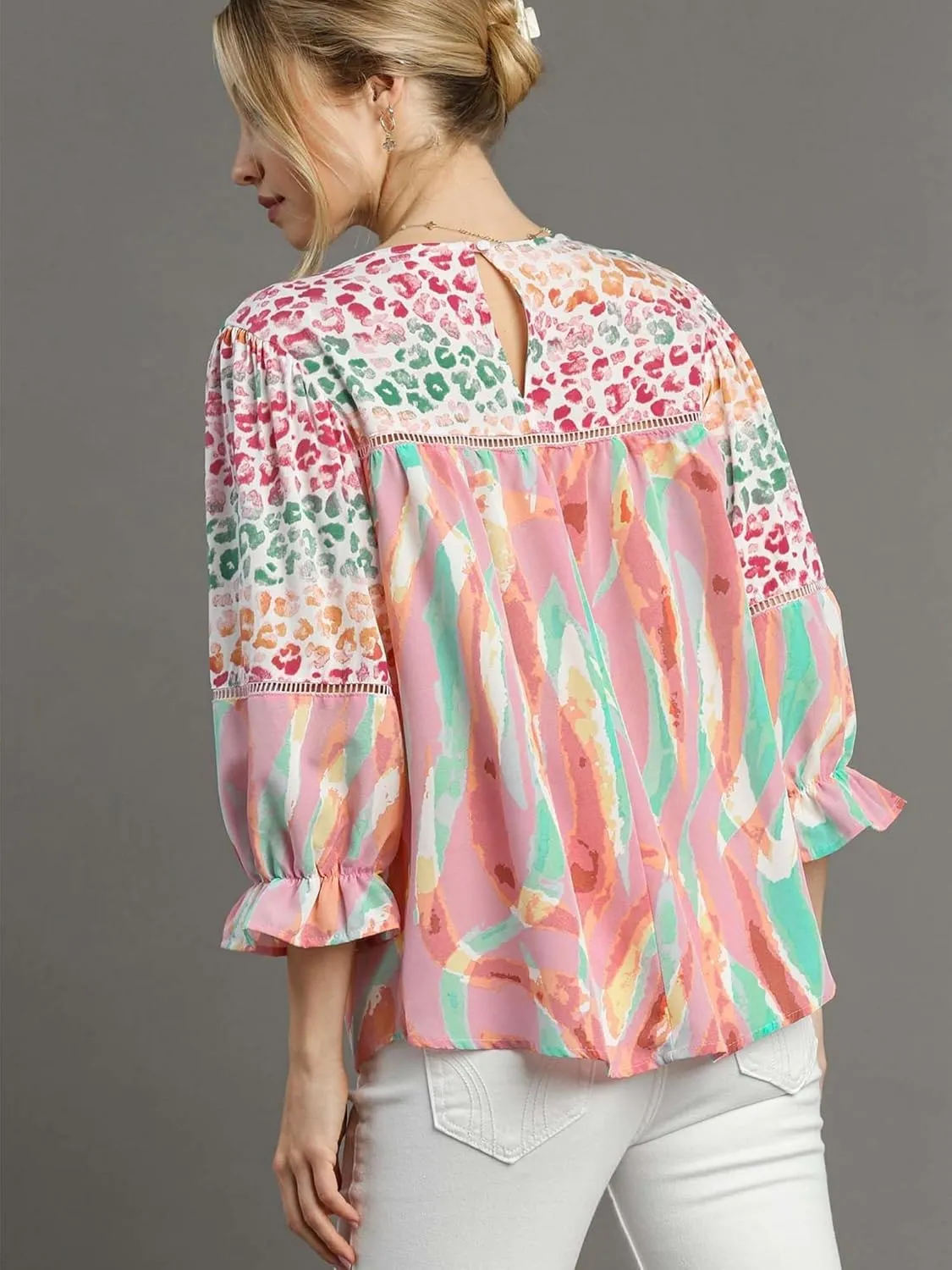 Umgee USA Mixed Print Top, 3/4 Sleeves, Lace Trim, Open Split Back