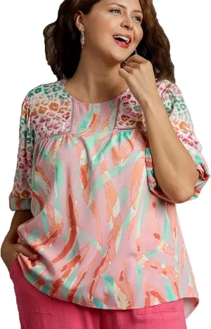 Umgee USA Mixed Print Top, 3/4 Sleeves, Lace Trim, Open Split Back