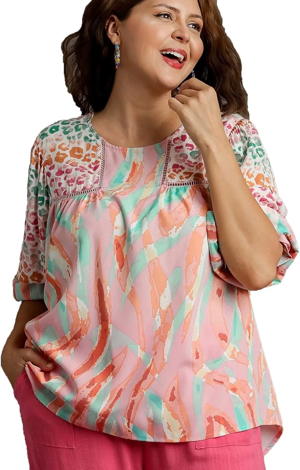 Umgee USA Mixed Print Top, 3/4 Sleeves, Lace Trim, Open Split Back