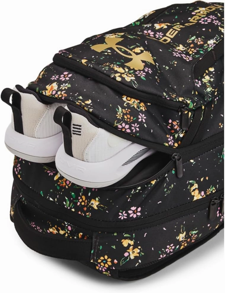 Under Armour Unisex-Adult Hustle 6.0 Backpack, (004) Black/Black/Metallic Gold, One Size Fits Most