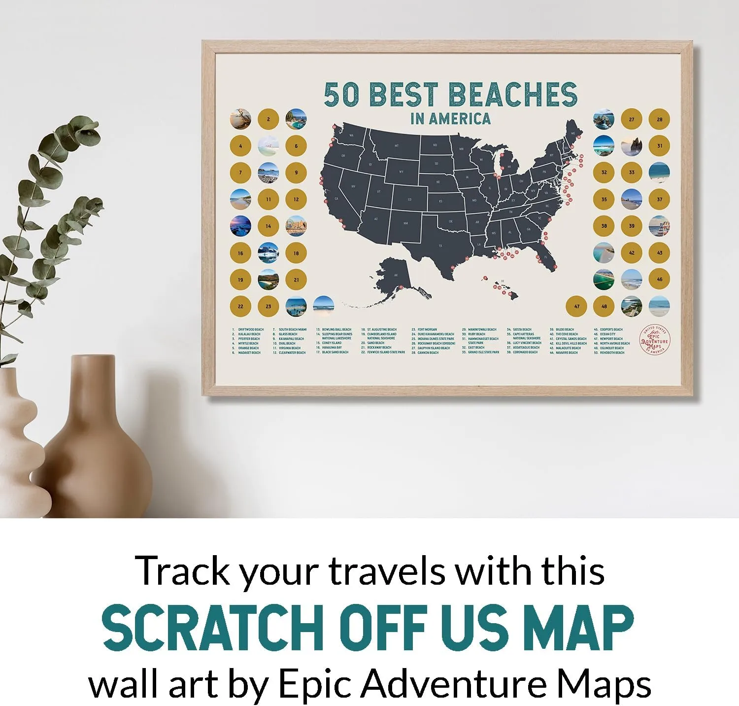 United States' Best Beaches - Scratch off Poster of the USA Coastline - US Posters for Wall - Mark Your Adventures, Travel Scratch off Poster, Wall Art, Gifts for Travelers, Beige 24 x 17 Inches