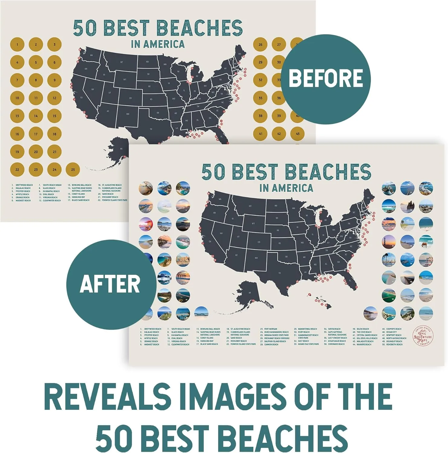United States' Best Beaches - Scratch off Poster of the USA Coastline - US Posters for Wall - Mark Your Adventures, Travel Scratch off Poster, Wall Art, Gifts for Travelers, Beige 24 x 17 Inches